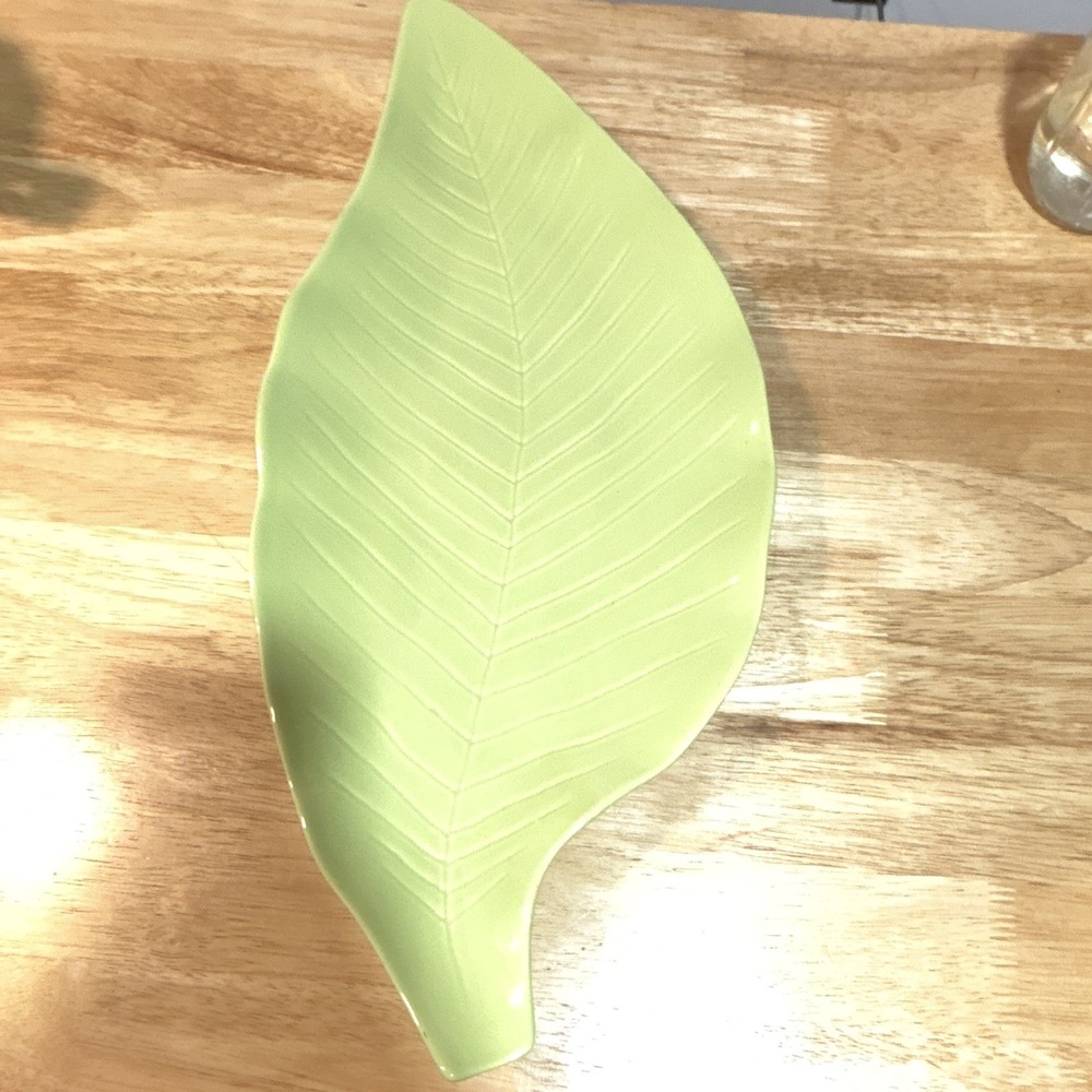 Green Glossy Ceramic Leaf Platter 22 in Decorative Serveware Made in Portugal